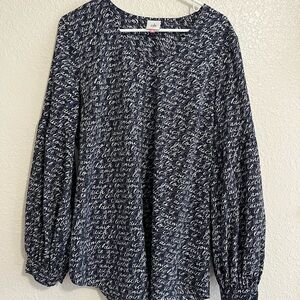 CAbi Blue and Gray Puff Sleeve Smocked Blouse
